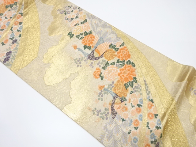 孔雀に草花模様織出し袋帯